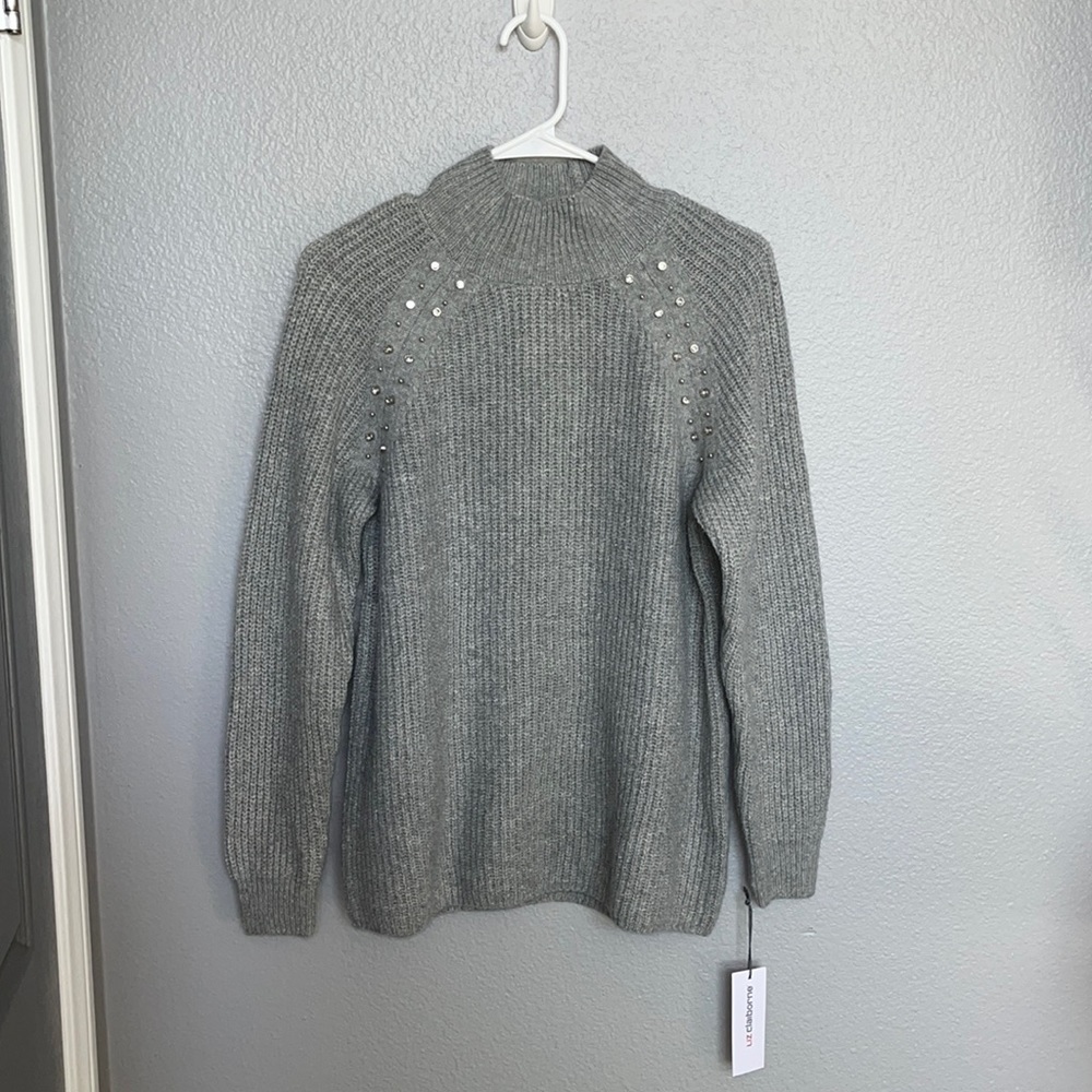 Liz Claiborne Womens Mock Neck Embellished Long Sleeve Pullover Sweater